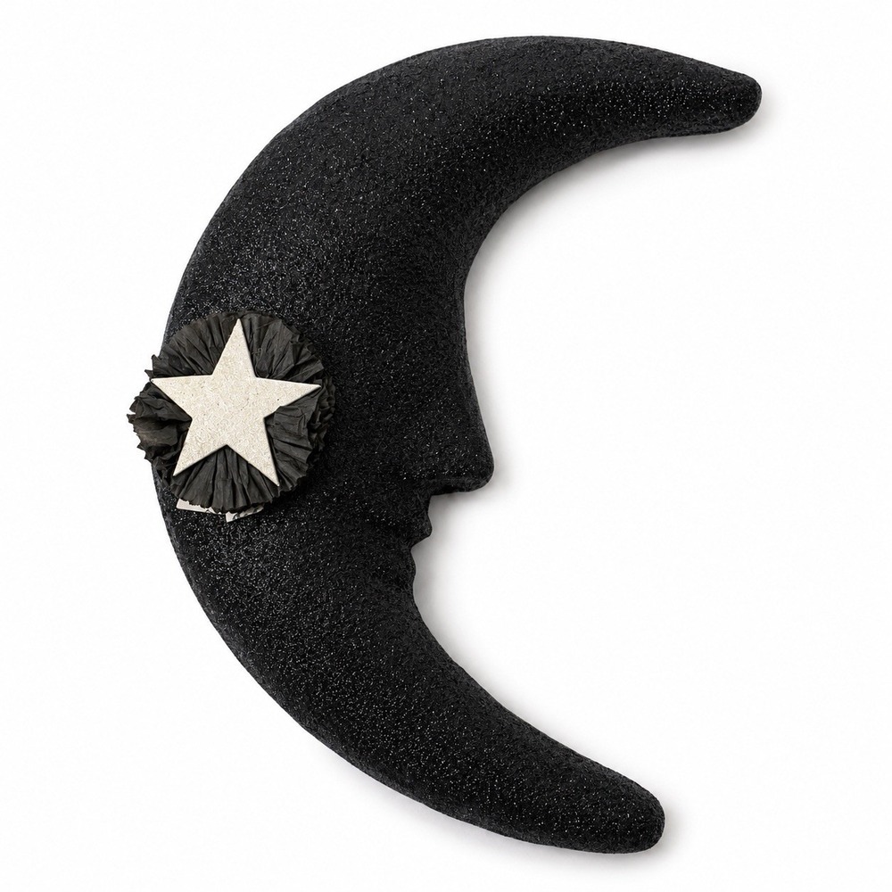 Rare Bethany Lowe Dee Foust 16" Black Glitter Crescent Moon Wall Decor Halloween